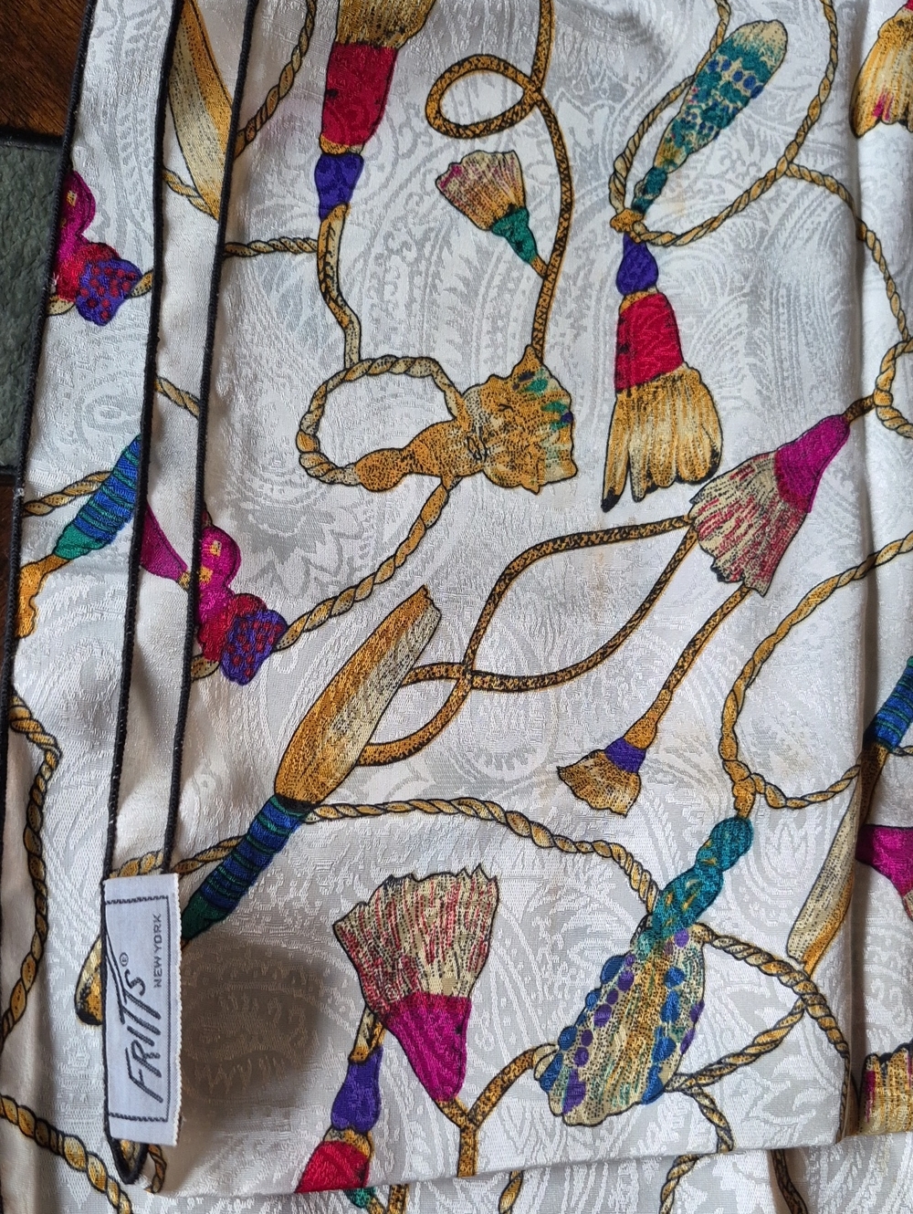 Vintage Fritt's Of New York Ivory Tassel-Print Silk Scarf 13.5" X 54"